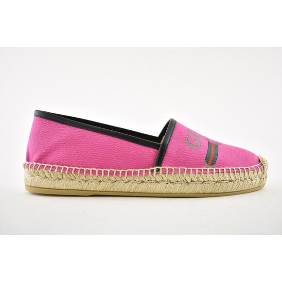 Gucci Pilar Pink Canvas Black Leather Trim GG Logo Print Flat Espadrilles 38.5 - Picture 2 of 12